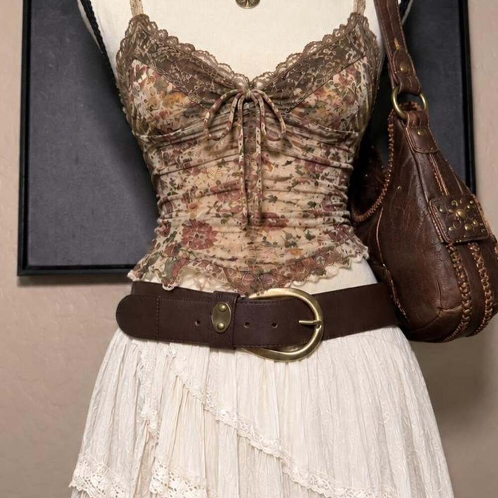 Genuine Leather Belt Brown Wide Waist Belt Gold Oval Buckle Y2K Boho Western